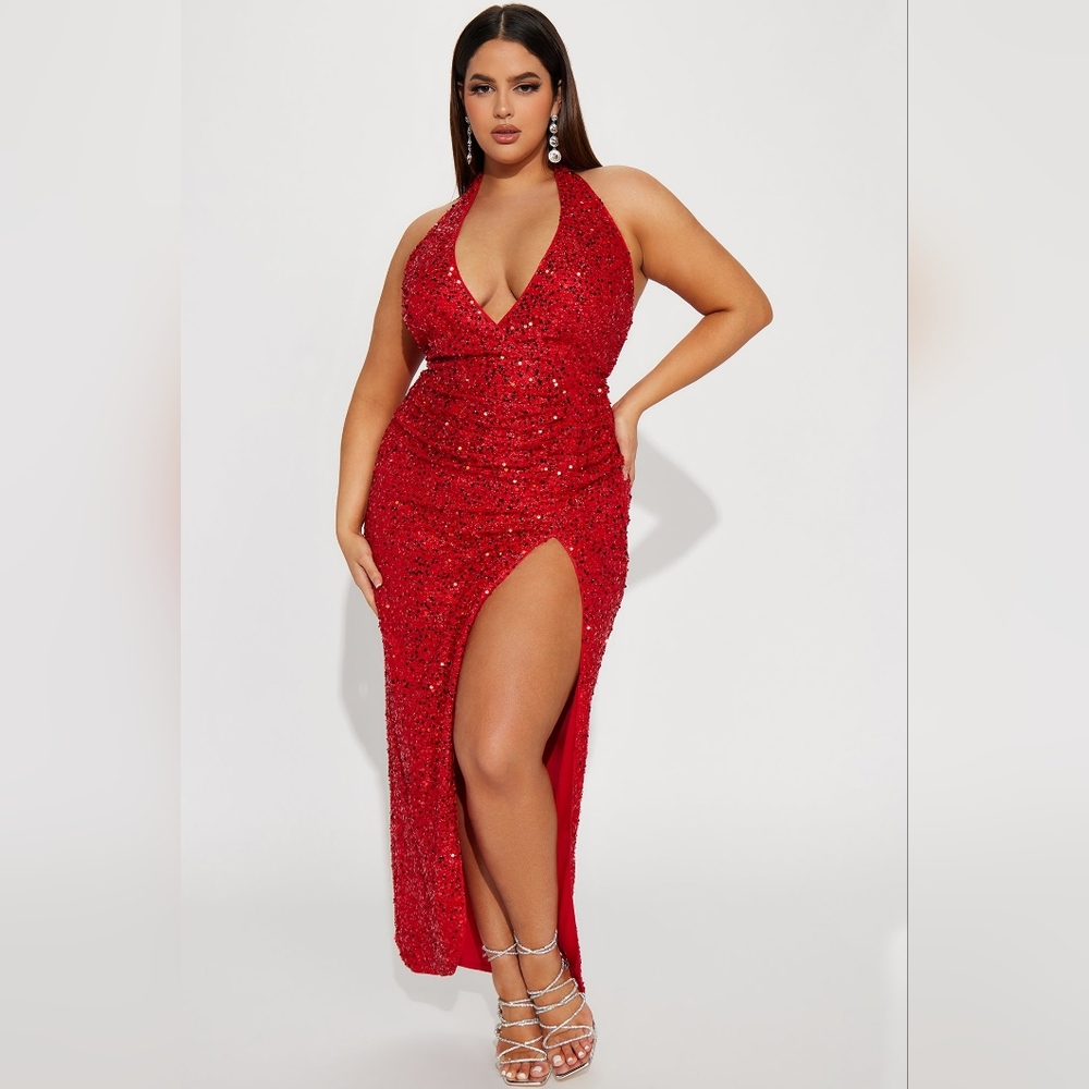 Red sparkle halter dress